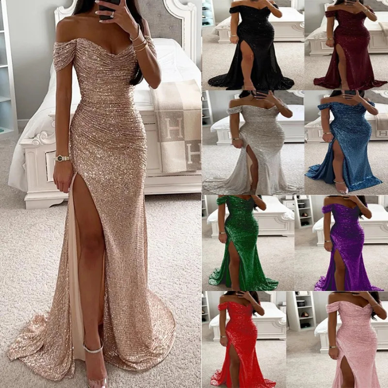 Women's Sexy Party Maxi Dress Sequined One-line Collar Slit Dress Casual Fashion Prom Eveging Dresses for Women Robe Femme 261015