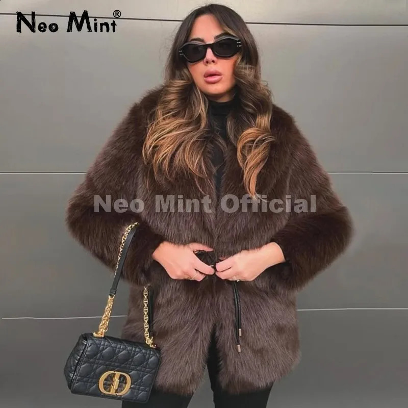Neo Mint 2025 Winter Brown Belted Faux Fur Coat Women Thick Warm Long Jacket Chic Fashion Girls Furry Overcoat 261008