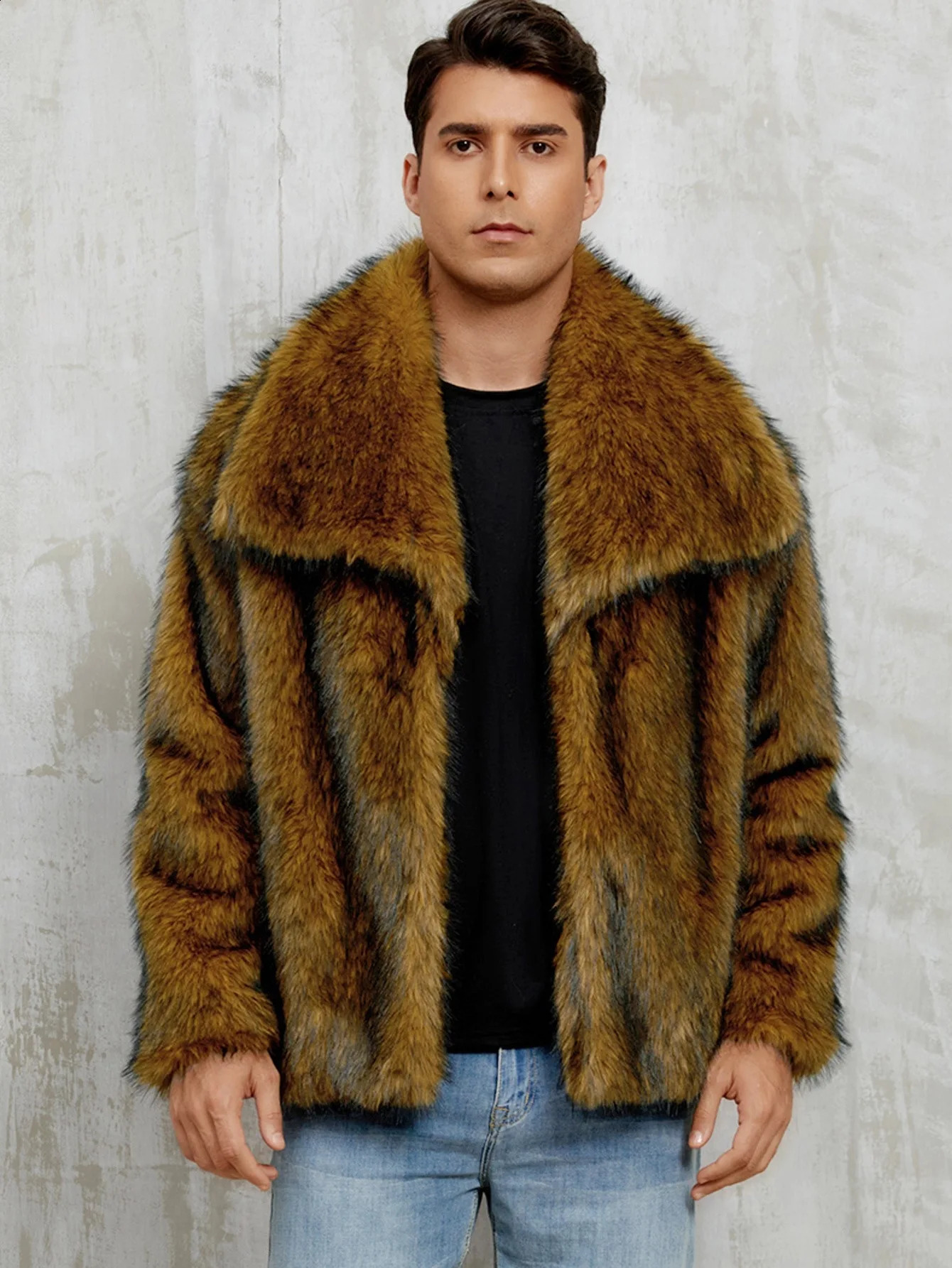 Men's Solid Color Turndown Collar Long Sleeve Casual Trendy Loose Faux Fur Coats Autumn Winter Fashion American Male Tops 261012
