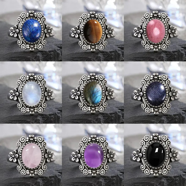 925 Sterling Silver Flower 810mm MoonStone Rings Vintage Style Natural Stone Ladies Party Fine Jewelry Gift for Women 261017