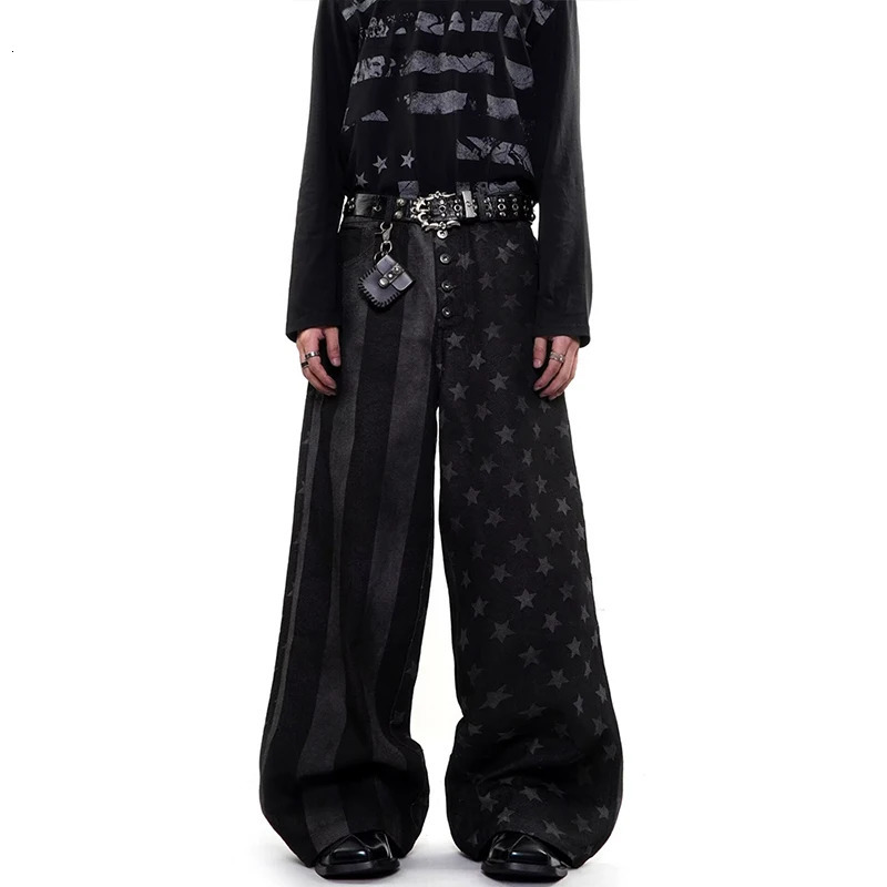 2026 American Retro Y2K Style Star Printed Washed Grey Baggy Jeans Pants For Men Clothes Straight Streetwear Loose Long Trousers 261013