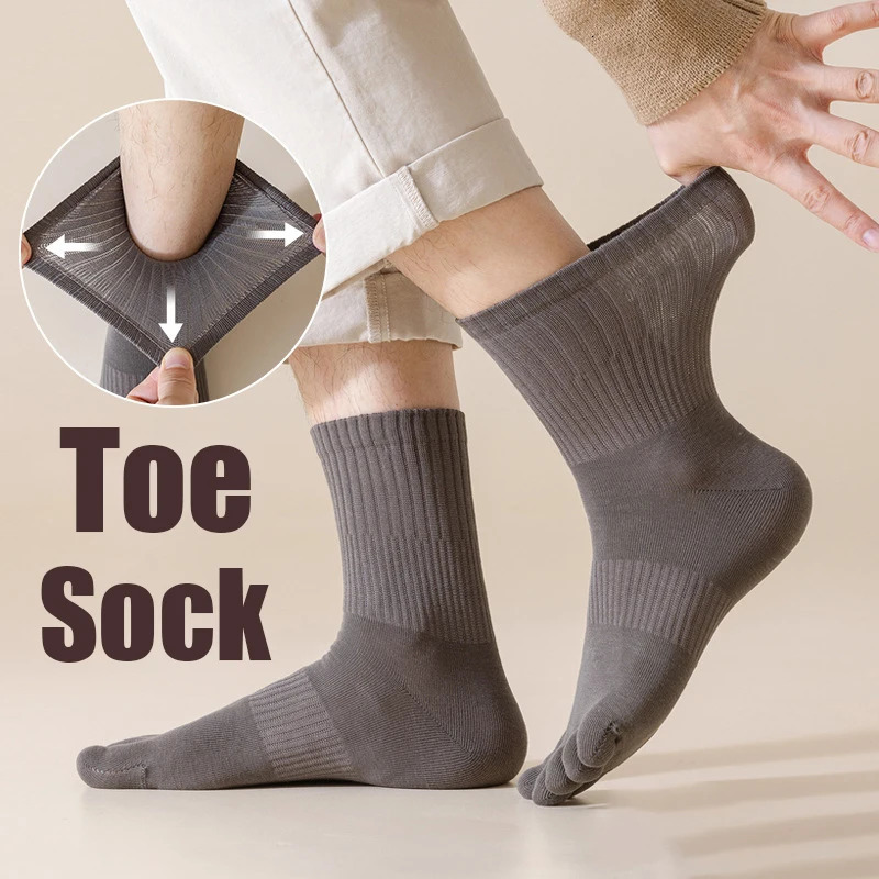 Men's Five Finger Socks Cotton Comfortable Business Sports Toe Sock Sweat Absorbing Mid Tube Split Solid Color Casual Sox Male 261014