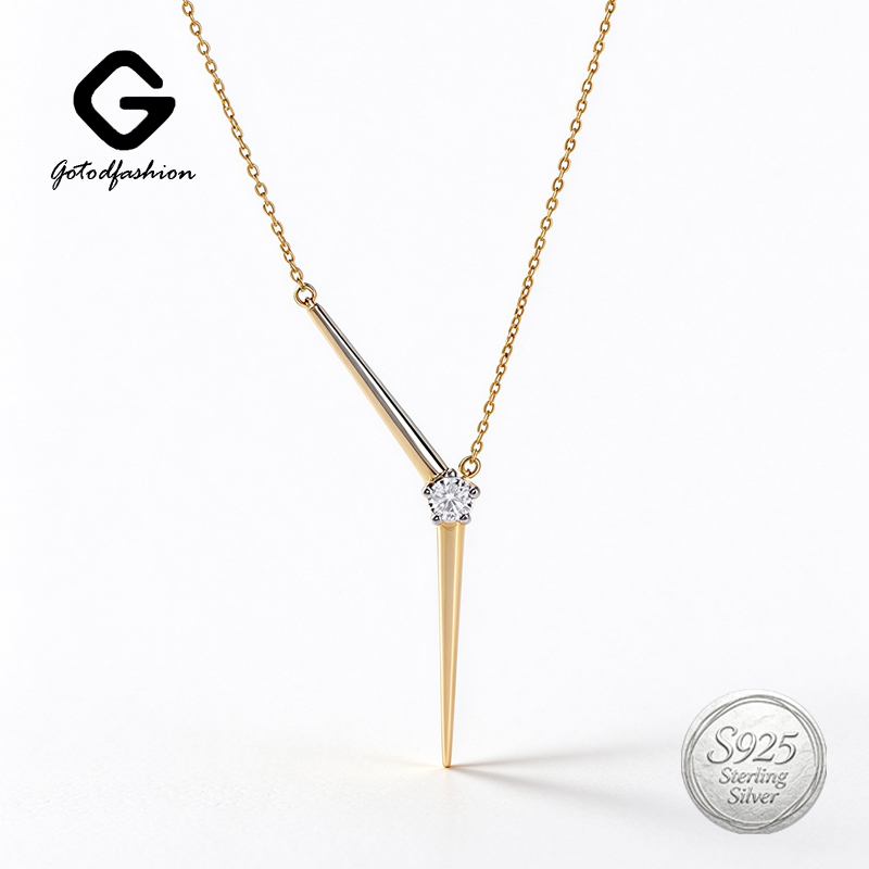 Minimal Edgy Luxury Designer Fine Jewelry 925 Sterling Silver Punk Spike V Drop Necklace 18K Gold & Rhodium Collarbone Chain Zircon Y Shape Pendant