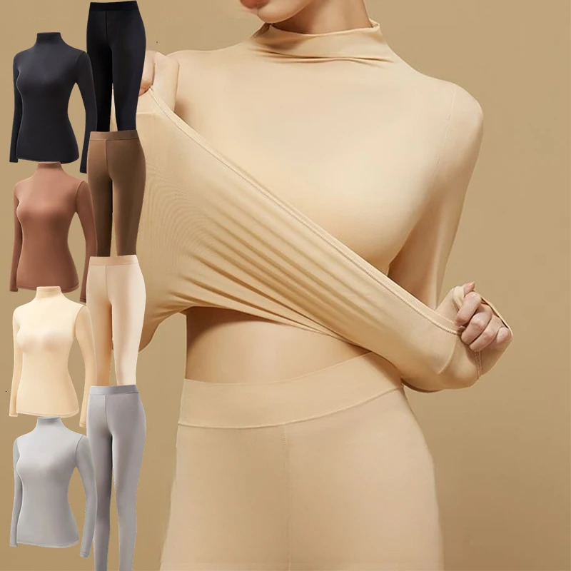 FINETOO Winter Women Turtleneck Thermal Underwear Set Invisible Ultrathin Skin Care Thermo Seamless Base Layer 261012
