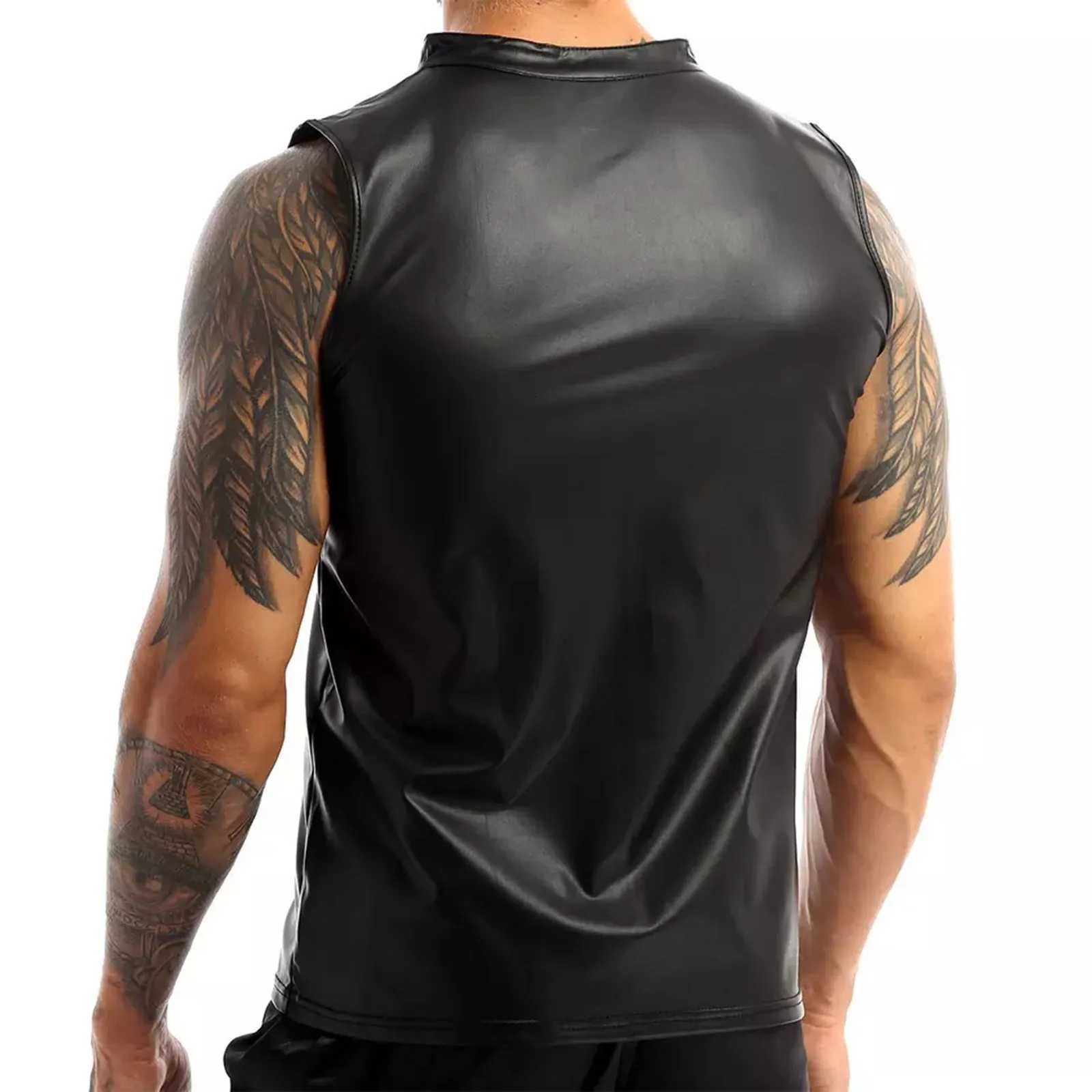 Vest Men's Leather Men's Vests Elastic Fashion PU Leather Waistcoat Zipper Sleeveless Jackets Man Clothes Biker's Tank Tops Streetwea
