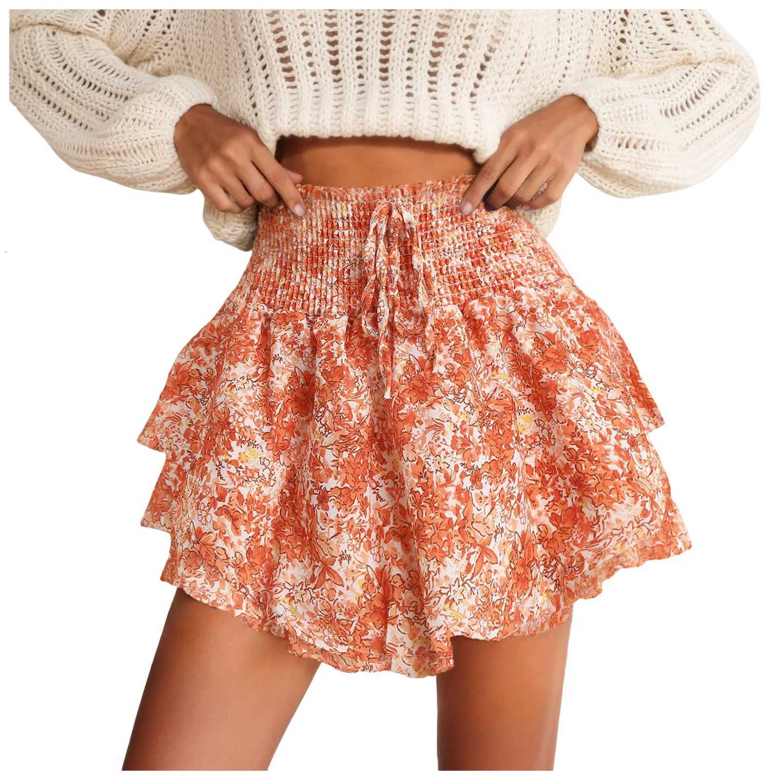 Print Casual Floral Skirts Women's Shorts Skirt 2026 Summer Vintage High Waist Pleated Mini Skirt Shorts Fashion Loose Elastic Shorts W261017
