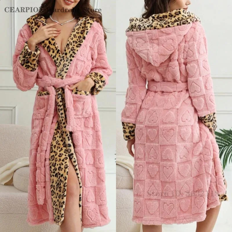 Leopard Print Hooded Robe with Belt Winter Flannel Bathrobe for Women Warm Coral Fleece Sleepwear Thick Nightgown Homewear 261017