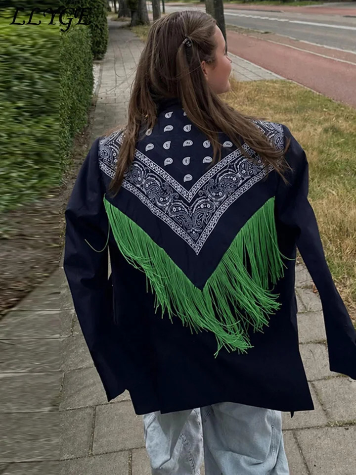 Fashion Womens Bandana Paisley Tassels Blazer Loose Lapel Single Breasted Full Sleeve Female Suit Jackets 2026 Autumn Outwear 261017