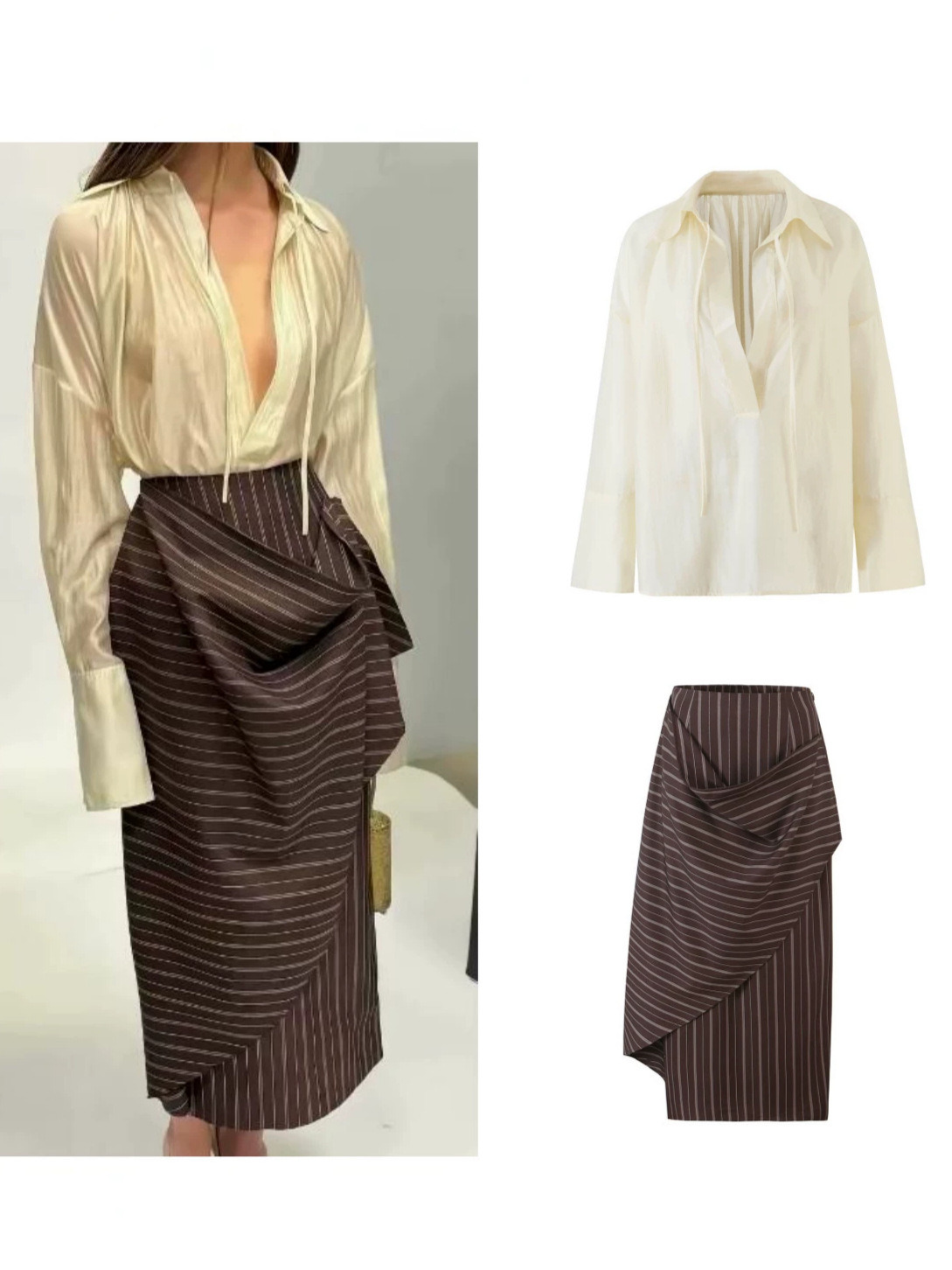 New French-style, sexy, slightly sheer, drawstring V-neck, loose-fitting long-sleeve shirt + flowing wrap skirt set for export