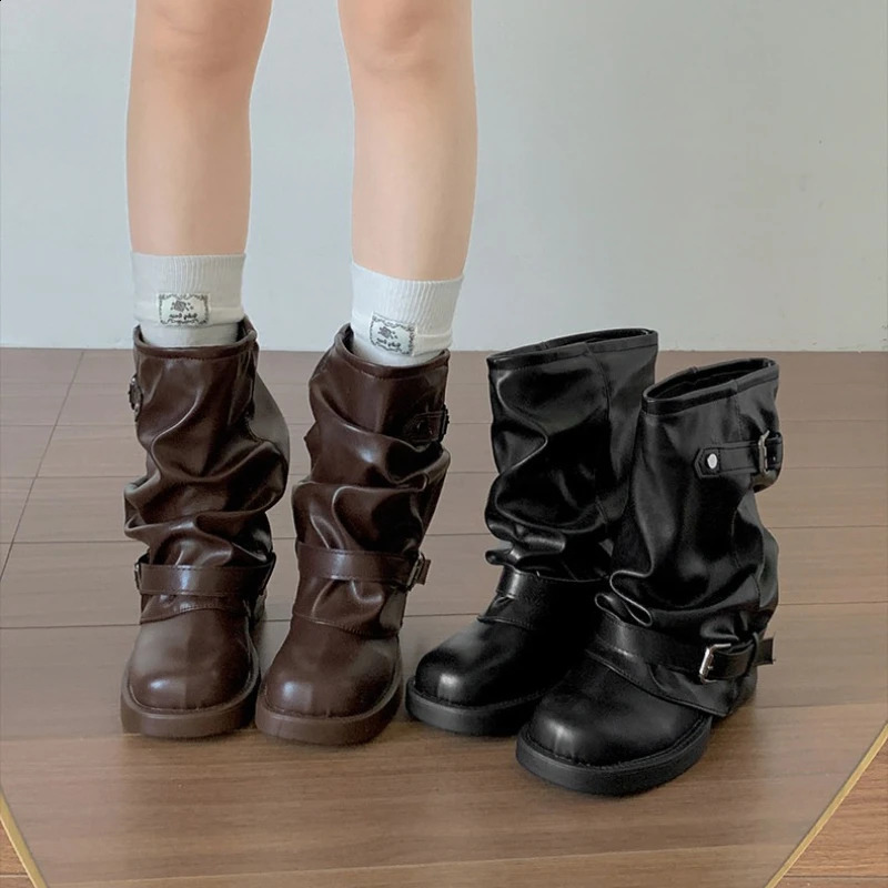 Autumn Women Slouch Mid Calf Cowboy Boots Double Metal Buckle Straps Leather Block Heel Shoes Motorcycle Short Boots 261013