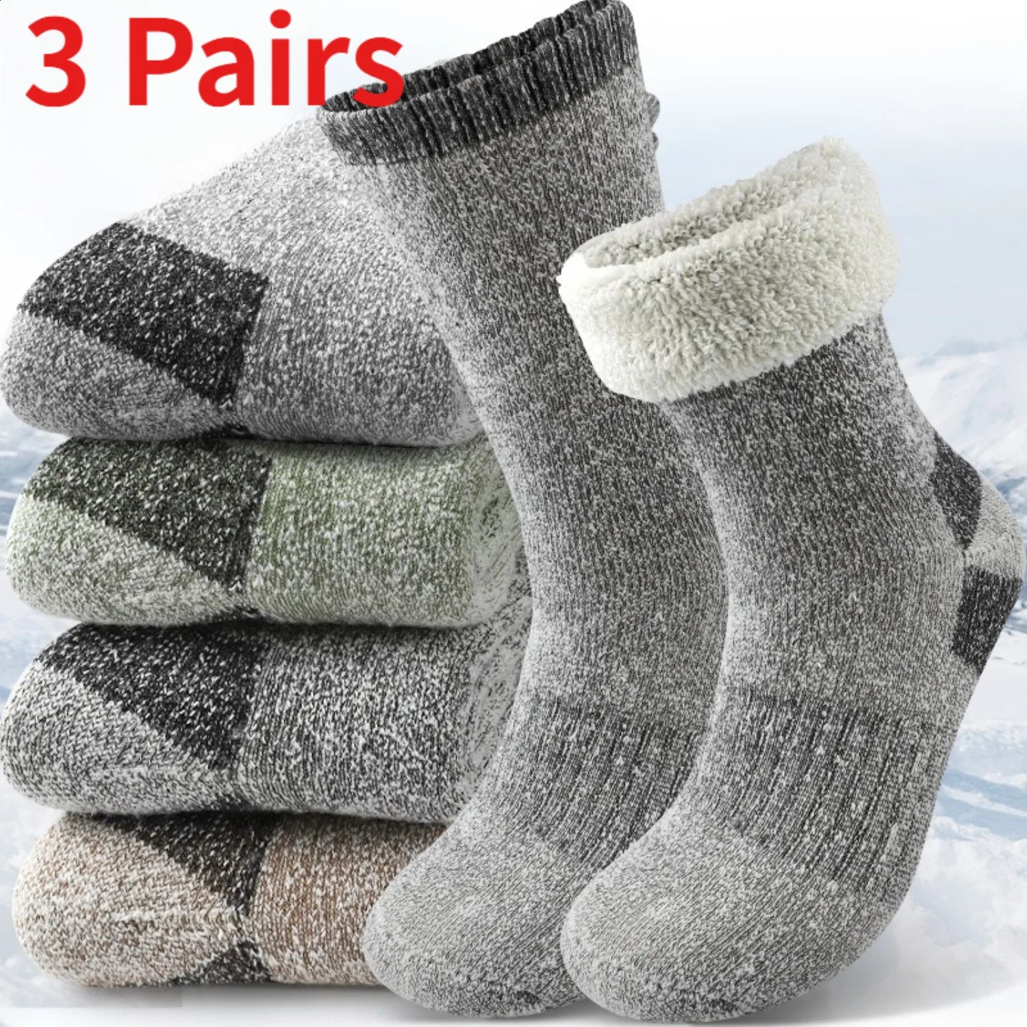 3 Pairs Mens Winter Thermal Socks Thick Warm Fleece Lined Crew for Hiking Outdoor Sports Cold Weather Home Casual Wear 261017
