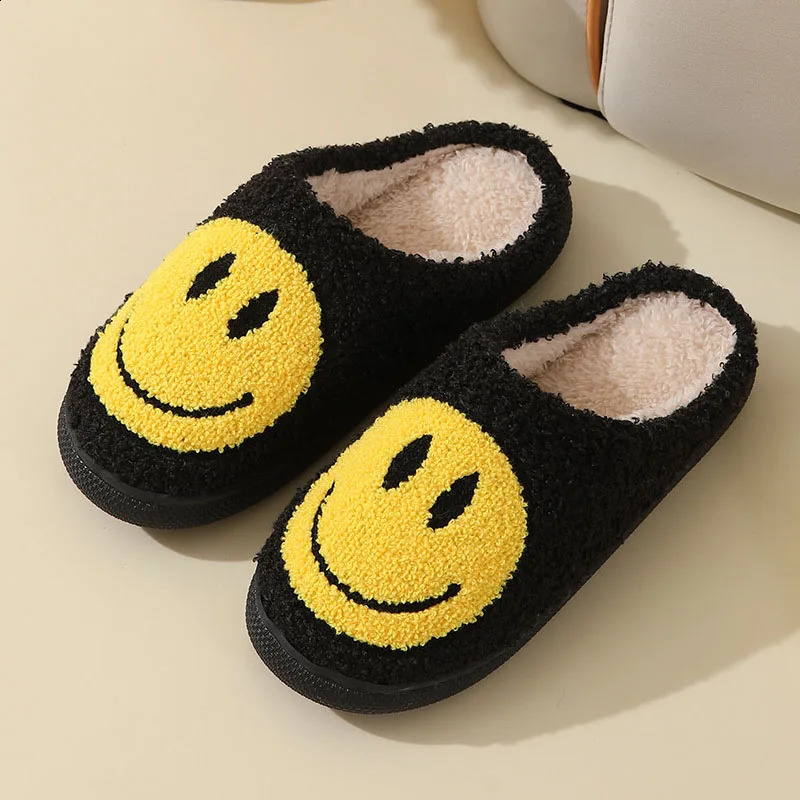 Cute Smiles Women's Fluffy Slippers Winter Indoor Closed Toe Warm Couple Slippers Woman Non-slip Flat Heel Fur Home Slides Shoes 261017