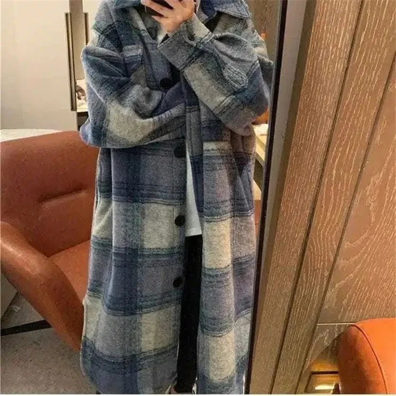 2023 Spring Autumn Thin Midlength Shirt Over the Knee Blue Plaid Coat Loose 300 Pounds Korean Version Temperament Commute 261014