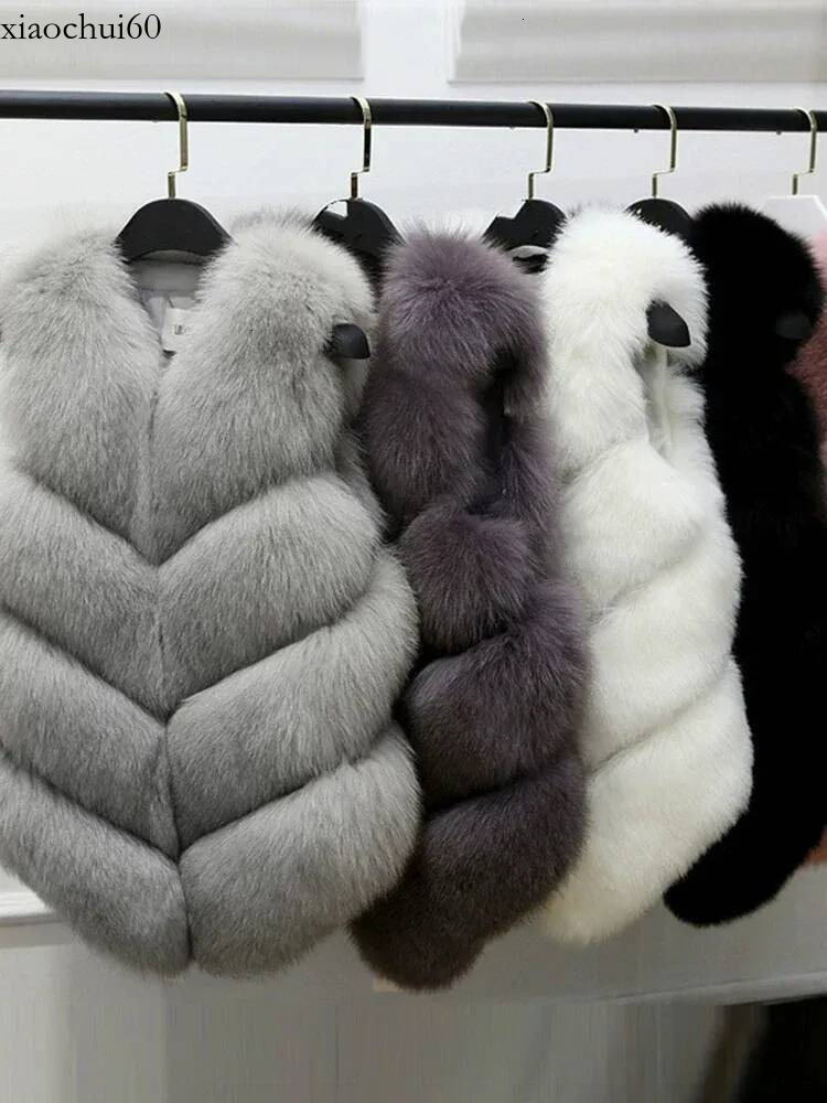 Womens sleeveless winter fox jacket short faux fur coat elegant womens warm vest 241113