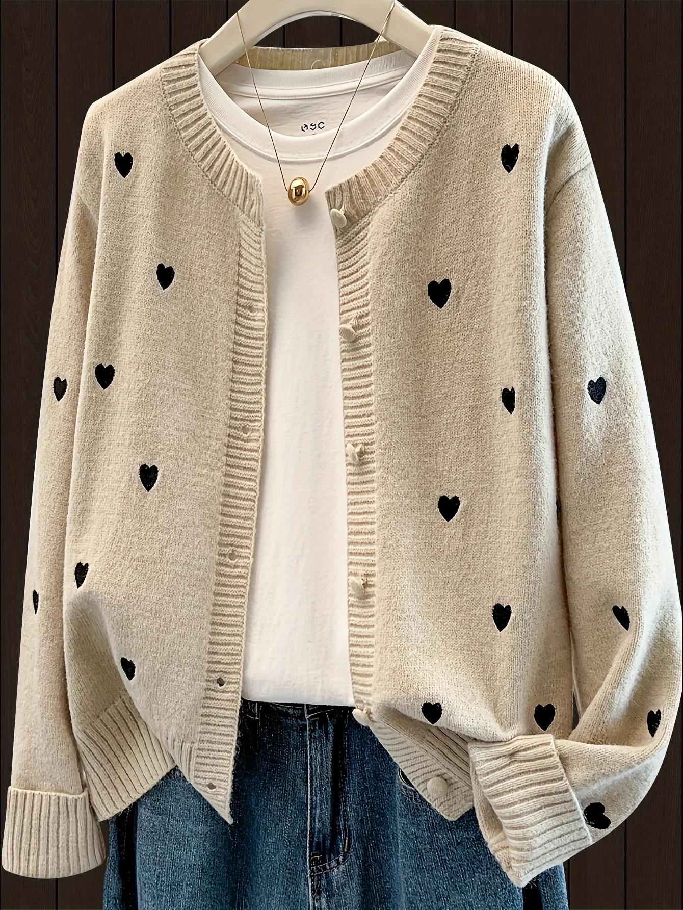 Women's Cute Heart Embroidery Cardigan Button Front Knit Sweater Casual Elegant Fall Winter Coat 261016