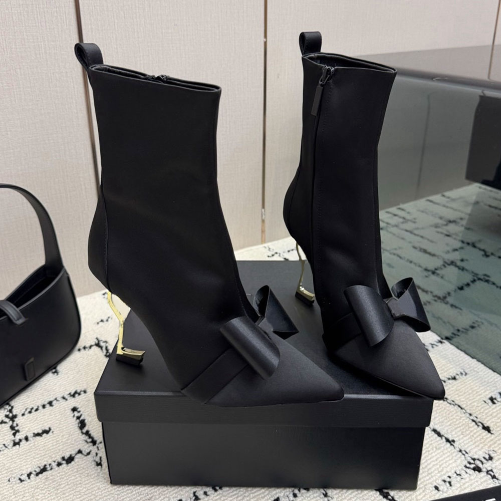 Satin Ankle Boots Womens Designer Boot Autumn Winter Fashion Brand Boot Black Bowtie Luxury Boot Minimalist Refined Knight Boots Leather Lining Size