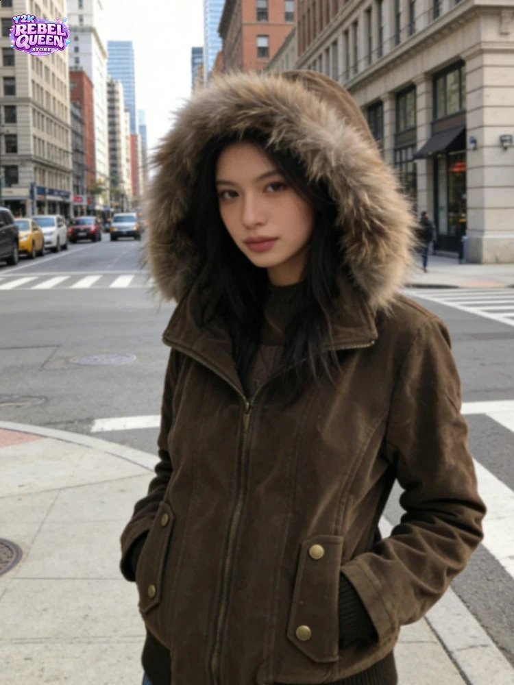 American Vintage Harajuku Jacket Women Slim Brown Fur Collar Hooded Short Coat Winter Gothic Casual Streetwear Fashion Outfit 261017