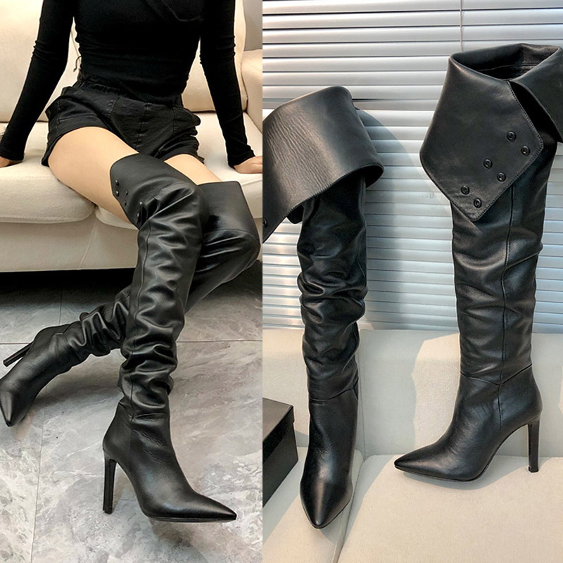 Luxury Calfskin Folding Boots Women Sexy Pointed Toe Stiletto Heel Over The Knee Boots Party Fashion Exquisite Style Italian Genuine Leather Outsole