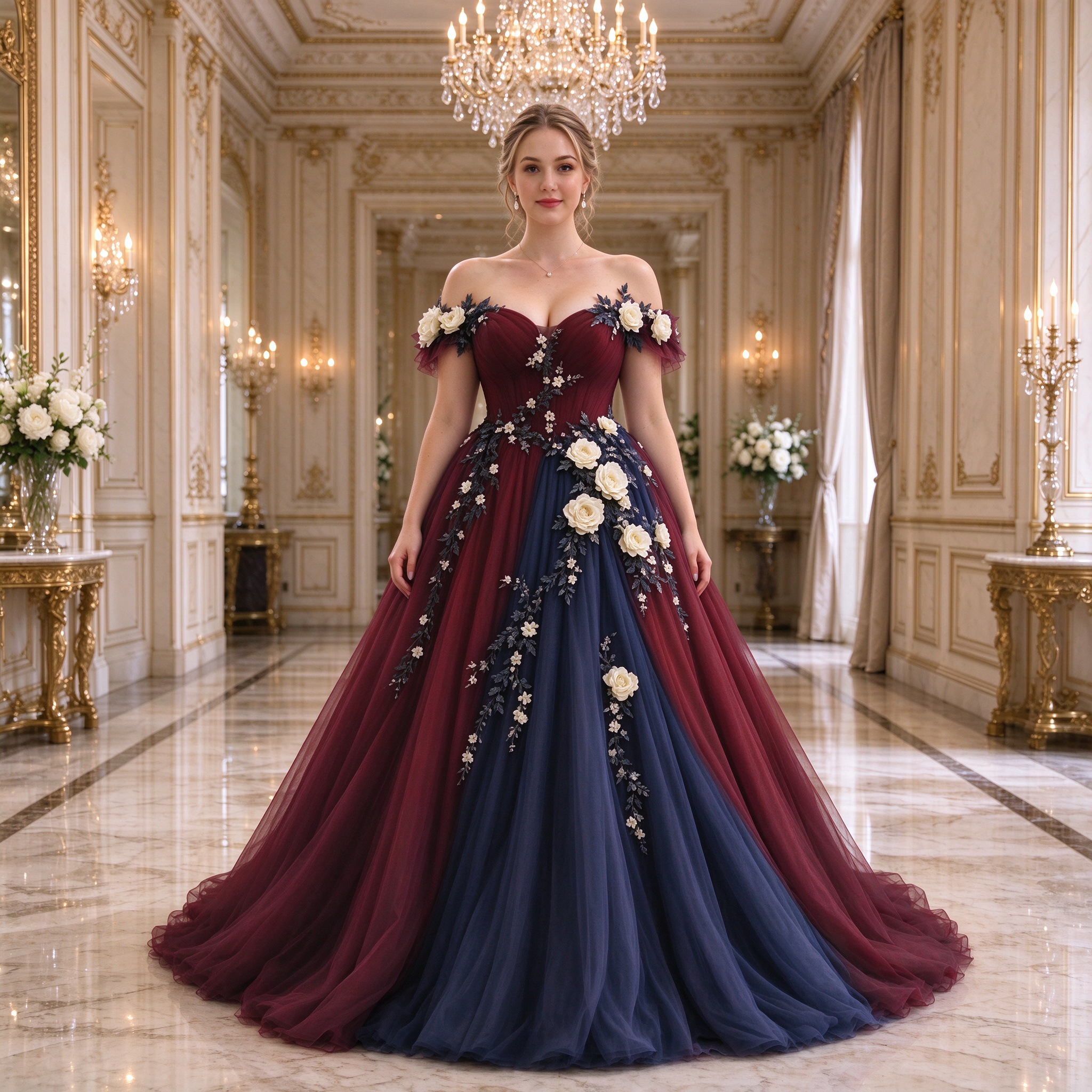 Romantic Burgundy Navy Prom Dress Off The Shoulder Vintage Evening Gowns Handmade 3D Ivory Flowers Fluffy Tulle Floor Length Birthday Party Receptio