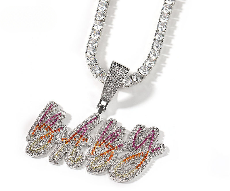 Men Women Iced Out Cursive Letter Moissanite Necklace, 18K Plated S925 Sterling Silver Pendant with Tennis Chain, Hip Hop Fine Jewelry
