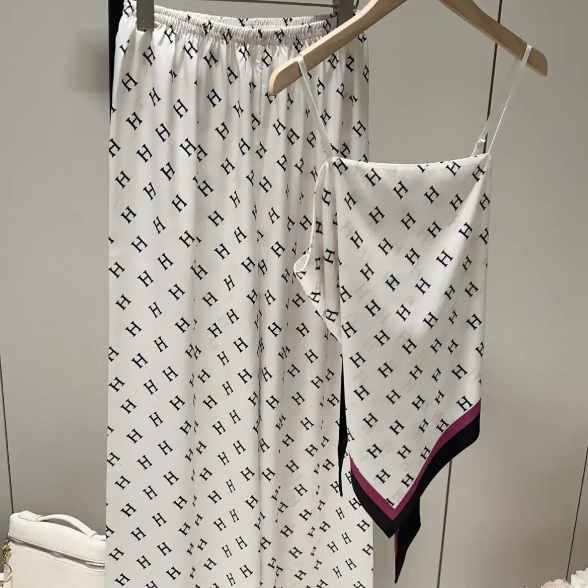 Women Pajamas Clothes Silk loungewear Like Long Sleeved With Suspenders Small Square Scarf Women's Designer Versatile Thin Home Suitable For Ou