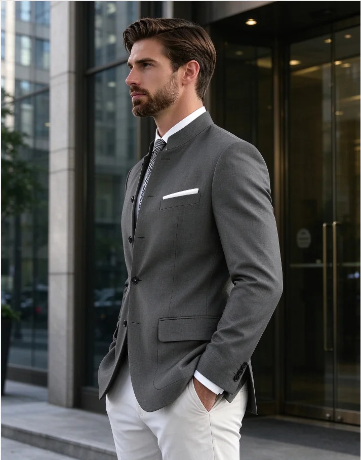 Men's Mandarin Collar Blazer Stand Collar Suit Jacket Men Wedding Coat For Slim Fit Business Blazer Unique Formal Unique Jacket 261014
