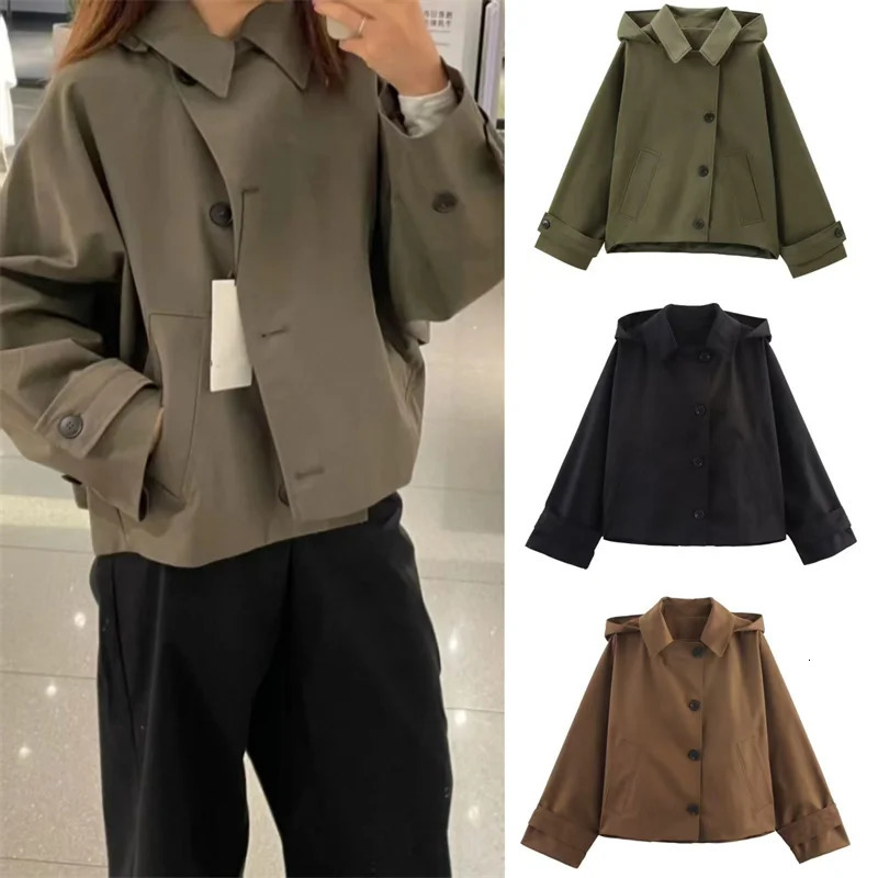 ZHIO Women's Coat 2026 summer Style Solid Color Long Sleeve Hooded Simple Short Trench Casual Fashion Versatile 260922