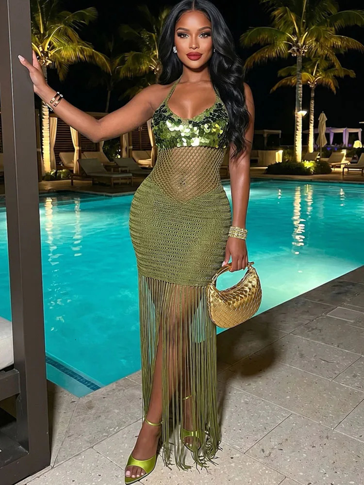 Sexy Fringe Tassel Knitted Crochet Beach Dress Woman See Through Hollow Out Glitter Sequined Patchwork Party Maxi Dress Vacation 261015