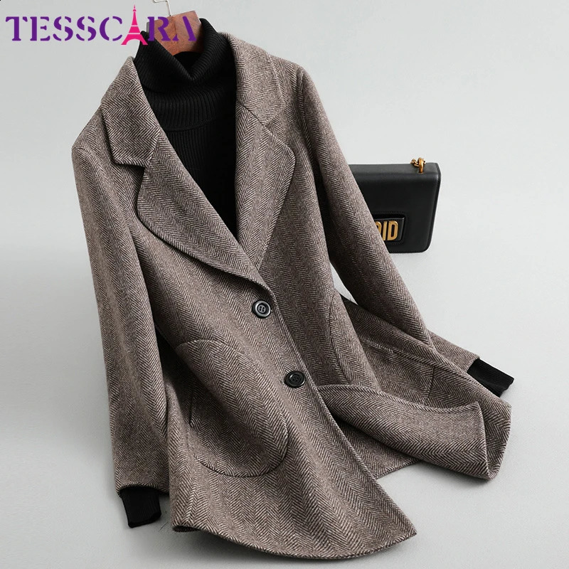 TESSCARA Women Autumn Winter Wool Blend Basic Jacket Coat Female Warm Cashmere Trench Office Cloak Jackets Outerwear Coats 261014