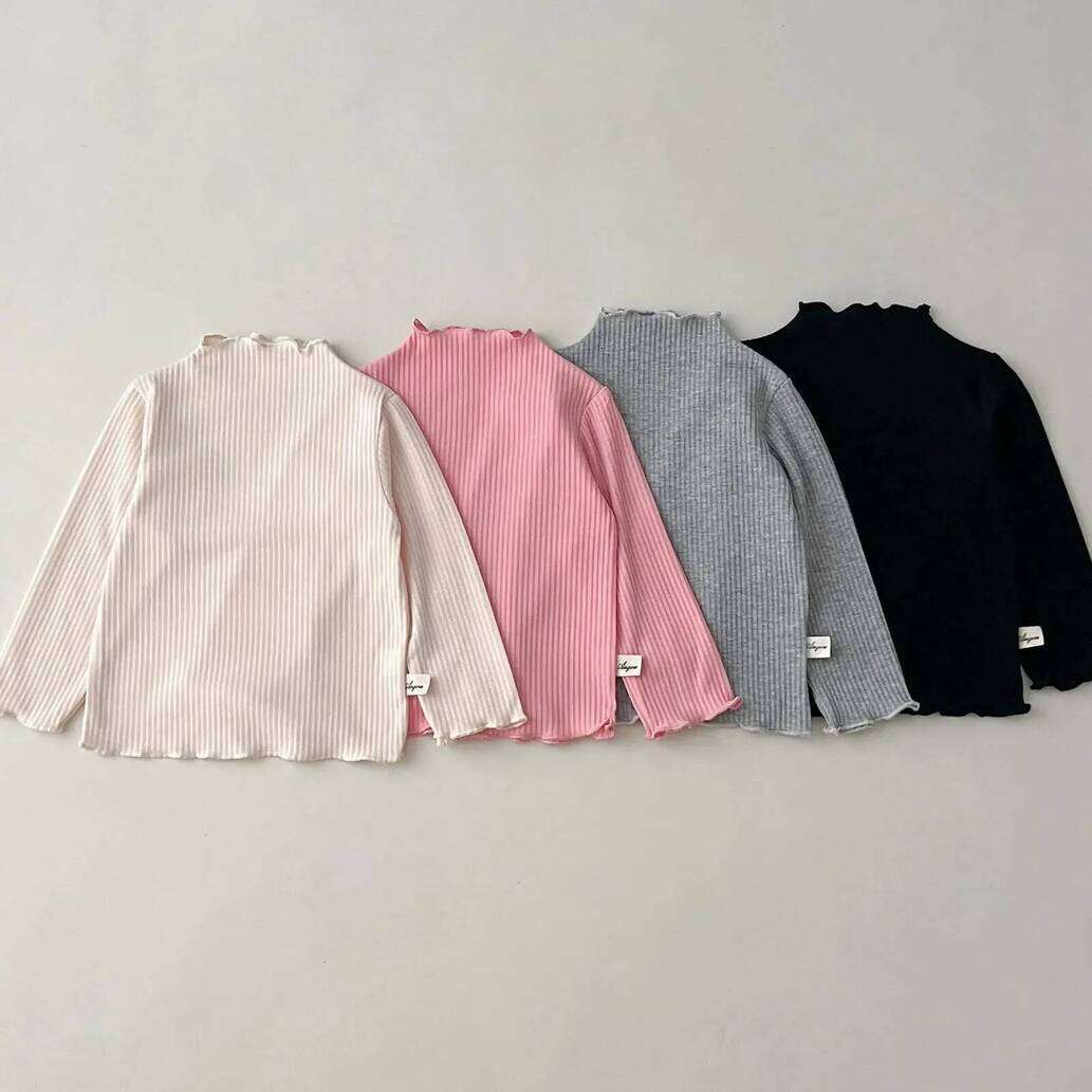 Girls Hoodie Autumn Girl Baby Pit Striped Long Sleeves Bottoming Shirt Children Ribbed Ruffle Thin Tshirt Kid Cotton Solid Casual Tees pullover Crew
