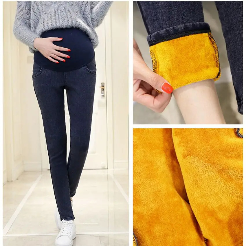 Warm Thick Pregnancy Denim Pants Winter Fleece Maternity Jeans for Pregnant Women Plus Velvet Maternity Trousers 261015