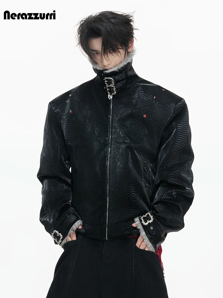 Nerazzurri Autumn Winter Thick Warm Faux Fur Patchwork Snakeskin Print Pu Leather Jacket Men y Emo Menswear Clothing 2026 261014