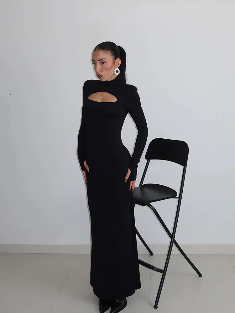 Huhugirl Sexy Sheath Women's Maxi Dresses Solid Turtleneck Regular Long Sleeves Hollow Out Slim Fit Bodycon Party Vestidos Robes 261015