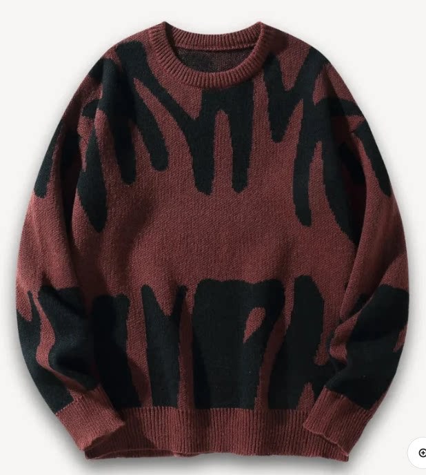 Men's Crewneck Jacquard Sweater Autumn Winter New Streetwear Oversized Knitwear Teen Unique Graphic Pattern Luxury Quality High End Design Red
