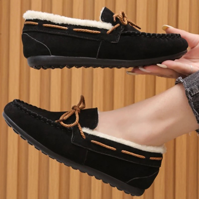 Women Winter Casual Shoes Moccasins Soft Flat Non-slip Loafers Fashion Comfort Warm Plush Bow Slip on Female Cotton Shoes 261017