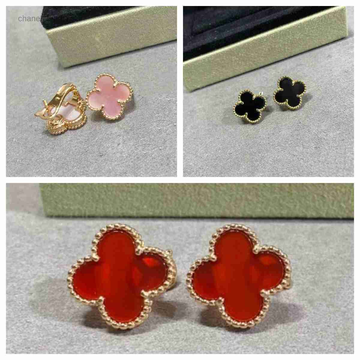 Four Leaf Clover Clip On Earrings Multi Color Natural Stone Inlaid Clover Ear Clips Gold Plated No Piercing Ear Jewelry With Gift Box Packaging Wome