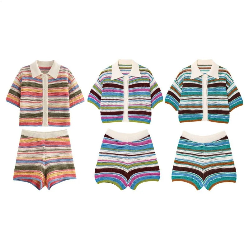 Women Patchwork Striped Hollow Out Crochet Knitted Crop Sweater Shorts Set Short Sleeve Polo Collar Knit Suit Y2K 261013
