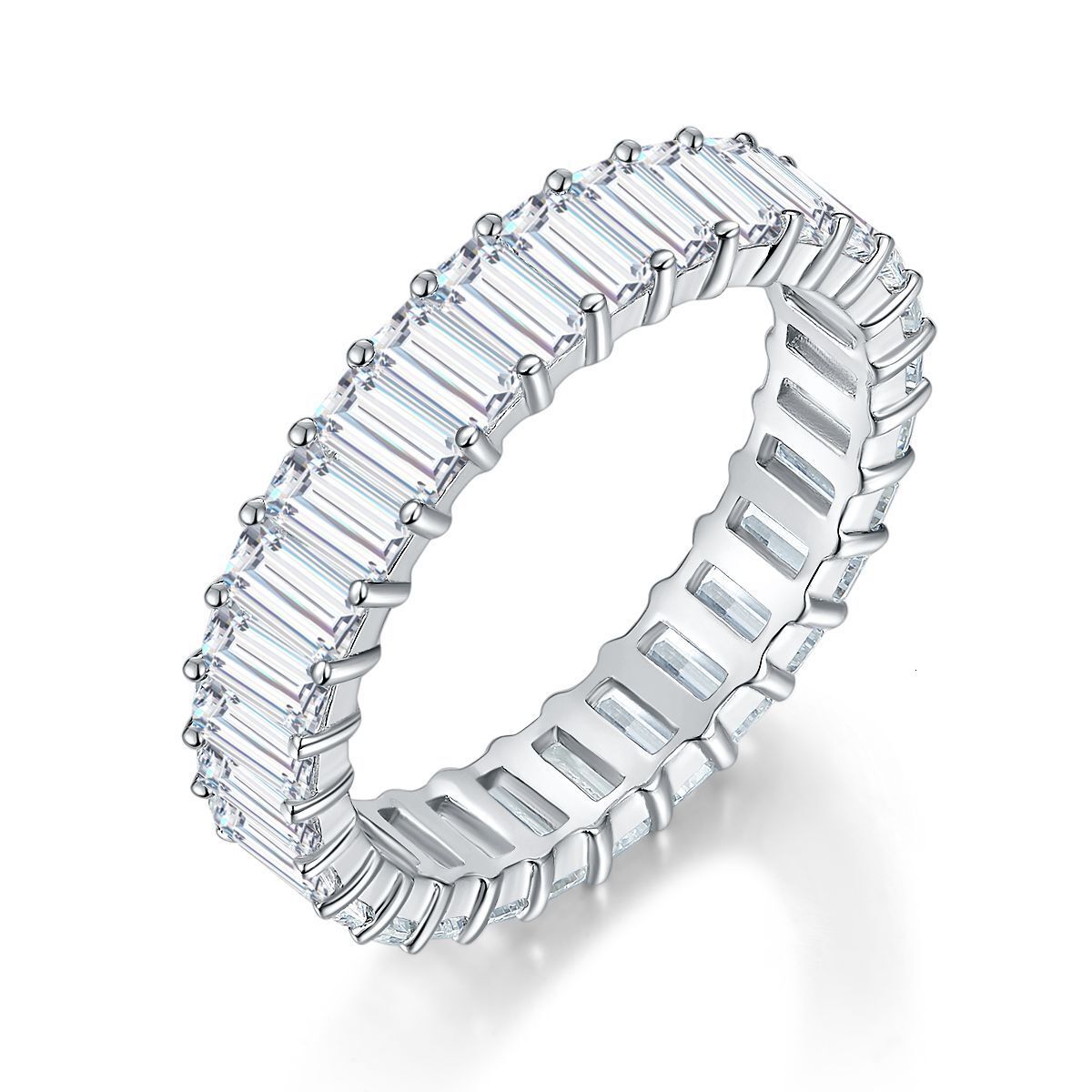 2*4mm Valentine's Day Gift Emerald Eternity Sterling Silver Rhodium Plated Full Moissanite Diamond Ring