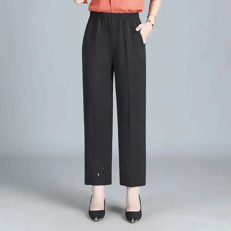 Leggings Capris Women's Women's Pants Summer Womens Thin Cropped Pants New Elastic High Waist Straight Pants Hollow Loose Middle-aged Fema