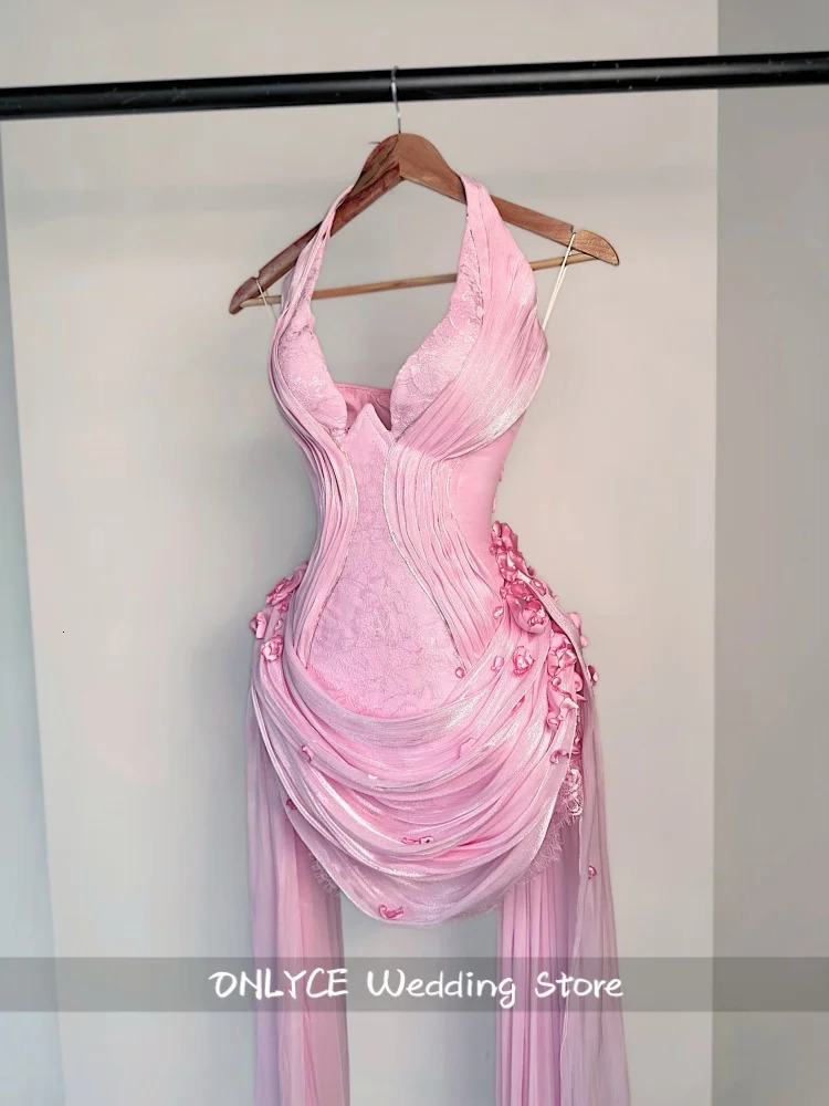 y Pink Lace Mini Evening Dresses 3D Flowers Halter Pleats Homecoming Prom Gown Ruffle Party Dresses Customized 261015