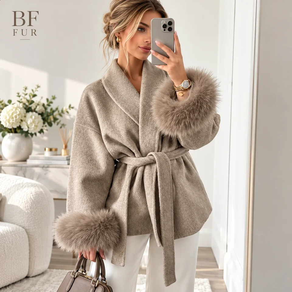 BFFUR Fur Cuff Shawl Women's Winter Wool Blend Coat Short Long Style Belted Jacket Warm Elegant Cashmere Outerwear 261016