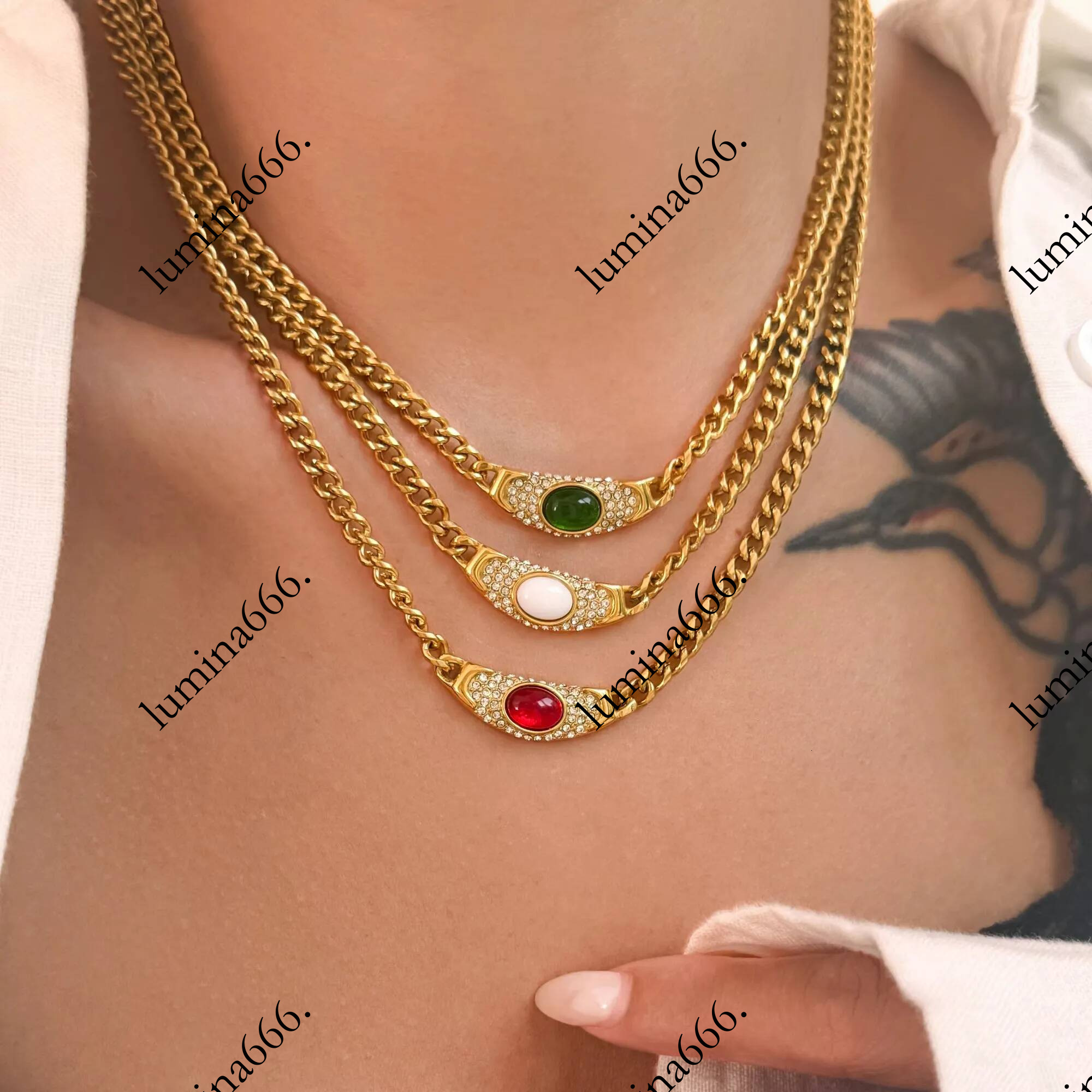 Stainless Steel 18k Gold Plated Vintage Colorful Beads Zircon Curved Pendant Necklace for Women Cuban Chains Choker Boho Jewelry