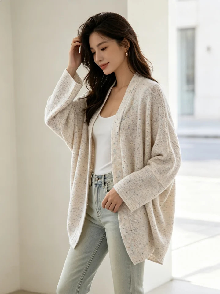Autumn Women's Colorful Spotted Knitted Cardigan Top Batwing Long Sleeved Loose Casual Sweater Jacket 261016