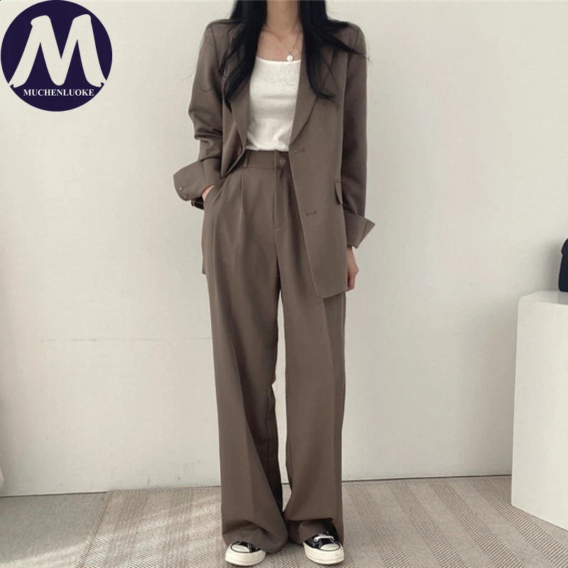 Women's Korean Fashion TwoPiece Set Long Sleeve Blazer And Wide Leg Pants Office Casual Loose Fit Spring Autumn Style 261013