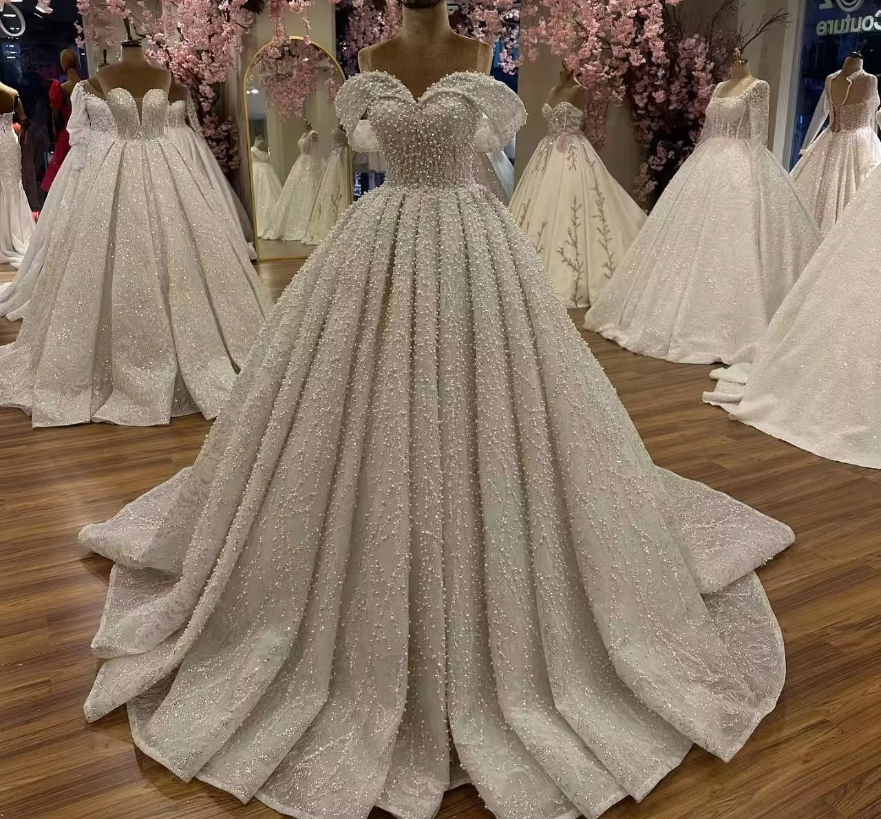 Elegant Luxury Wedding Dress Off the Shoulder Beads Sequins Corset Bodice Bridal Gown Arabic Dubai Vestido De Novia Robe De Mariee