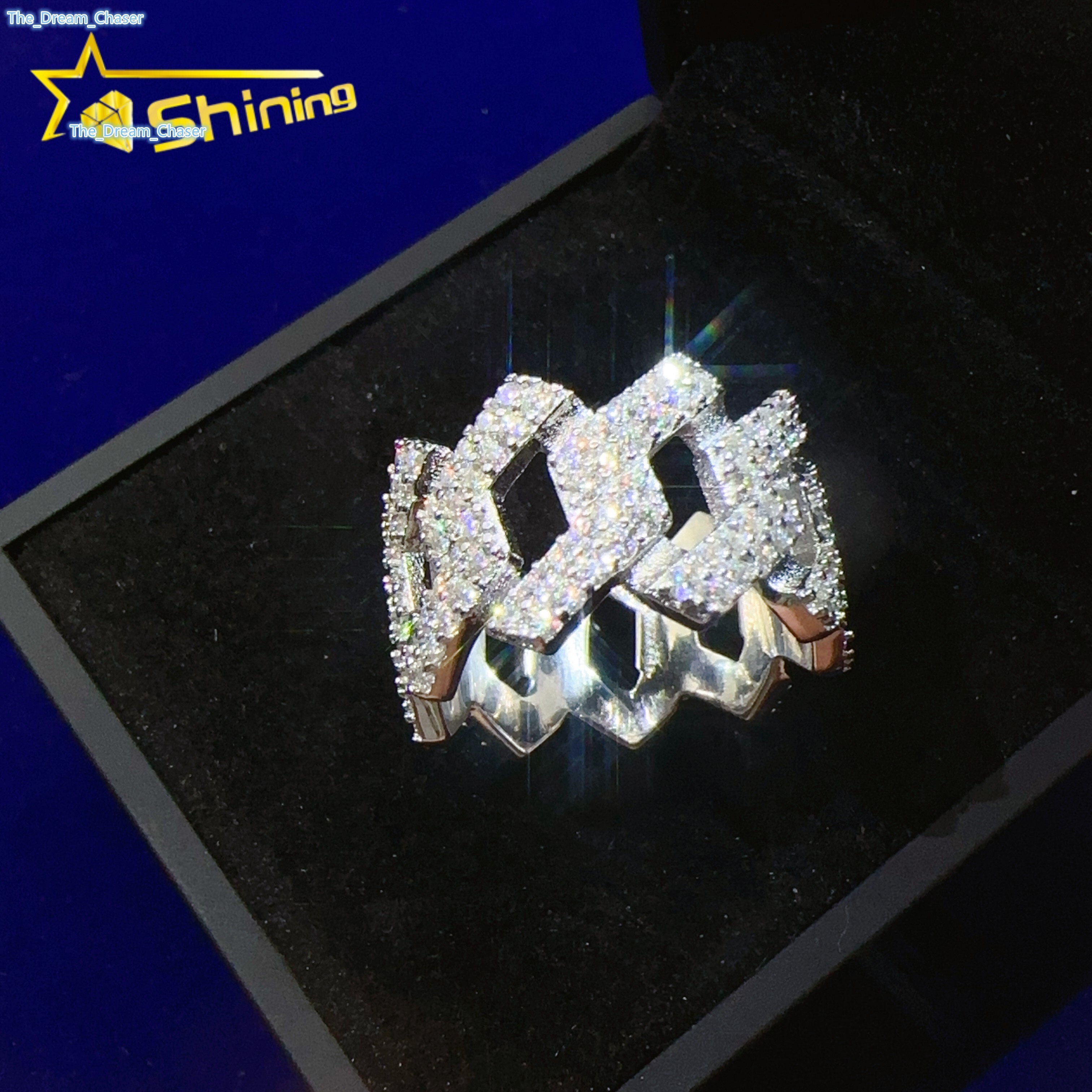 Bulk Stock Iced Out Round Diamond Hip Hop Cuban Rings Solid Silver Men Miami Cuban Band Ring VVS Moissanite Diamond Rapper