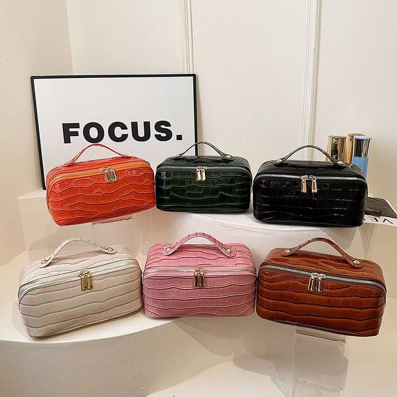 Vintage Plaid PU Makeup Bag, Large Capacity Portable Cosmetic Storage Pouch Travel Toiletry Bag