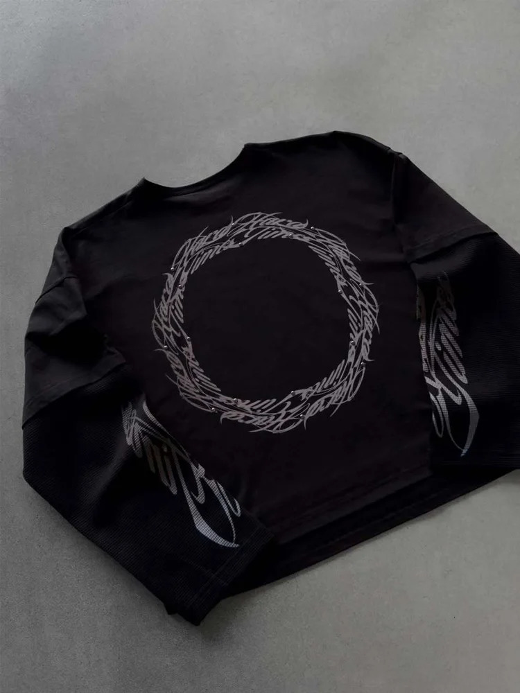 Autumn dark style aesthetic waffle long sleeved T-shirt with round leader print loose top Y2K Gothic men's and women's styles 261013