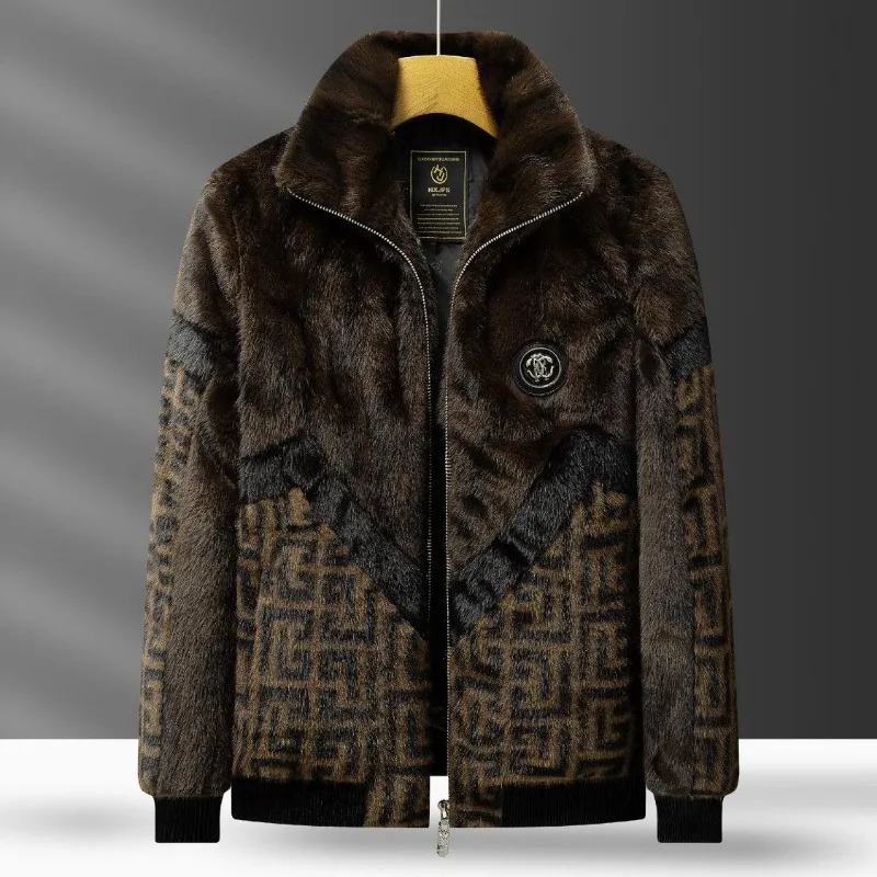 y Fur Jacket Men Winter Warm Faux Coat Fluffy Soft HighQuality Vintage Printed Outerwear Patchwork Top 261012