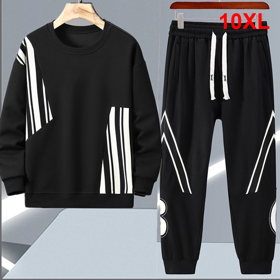 Plus Tracksuit Men Sweatshirt Sweatpants Men's Sets Autumn Casual Stripe Design Suits Male Big Size 10XL